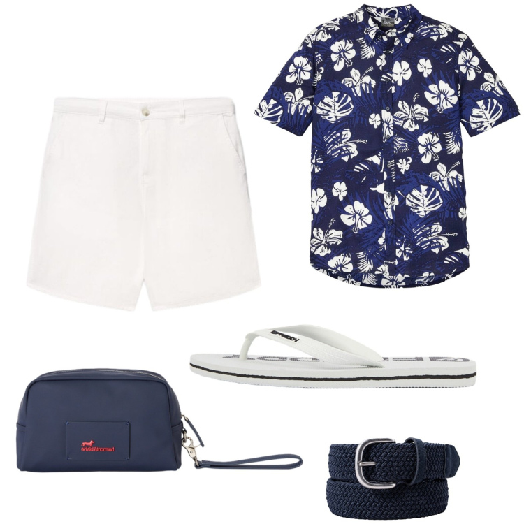 Outfit uomo - Tropical. Stile Casual per Mare. Abbinamento con camicie a manica corta, borse sportive, shorts, sandali, cinture.