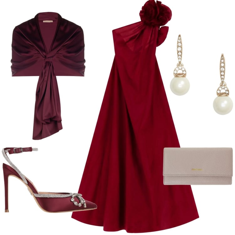 Outfit donna - Cerimonia. Stile Chic per Cerimonia. Abbinamento con décolleté, stole, portafogli, vestiti lunghi, orecchini.