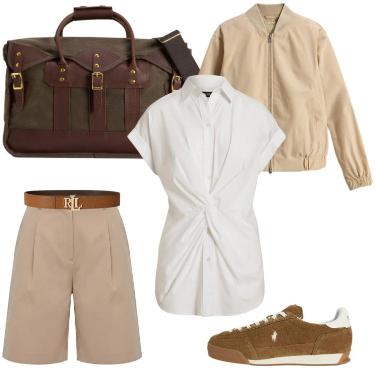 Outfit donna - Vacanza nelle Highlands. Stile Sporty chic per Tutti i giorni. Abbinamento con bermuda, cinture, camicie a manica corta, sneakers, borse a tracolla, bomber.