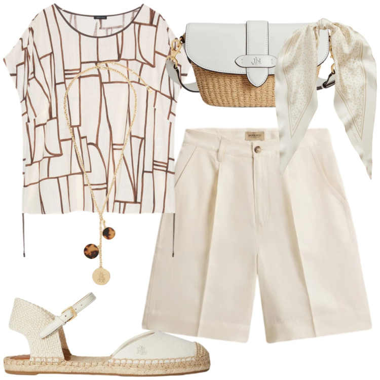 Outfit donna - Shopping in città. Stile Casual per Tutti i giorni. Abbinamento con t-shirt, collane, borse a spalla, espadrillas, foulard, pantaloni corti.