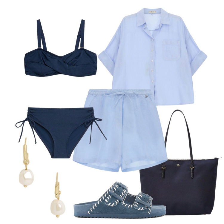 Outfit donna - Blu e Cielo in spiaggia. Stile Trendy per Mare. Abbinamento con bikini, shorts, camicie, borse tote, orecchini, ciabatte.