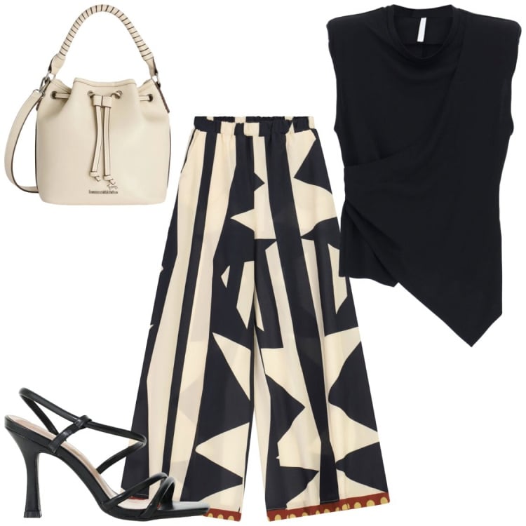 Outfit donna - Stampe Imperial. Stile Chic per Serata fuori. Abbinamento con borse a secchiello, top, pantaloni a palazzo, sandali col tacco.