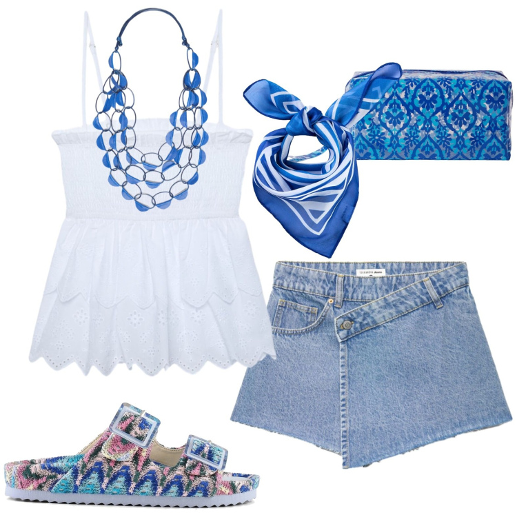 Outfit donna - Canotta frivola. Stile Casual per Tutti i giorni. Abbinamento con foulard, minigonne, canottiere, valigie, collane, sandali.