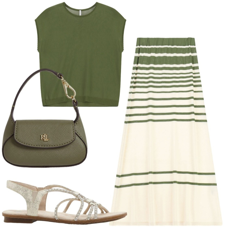 Outfit donna - A lavoro in comodità. Stile Chic per Ufficio. Abbinamento con sandali, borse a mano, gonne lunghe, top.