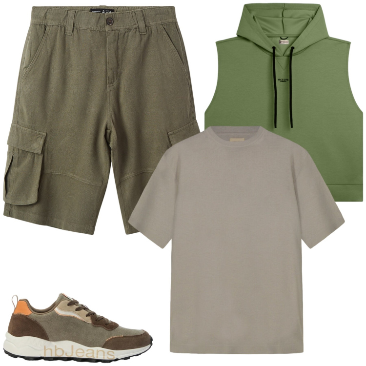 Outfit uomo - Total look #2435762. Stile Casual per Tutti i giorni. Abbinamento con sneakers, bermuda, felpe con cappuccio, t-shirt.