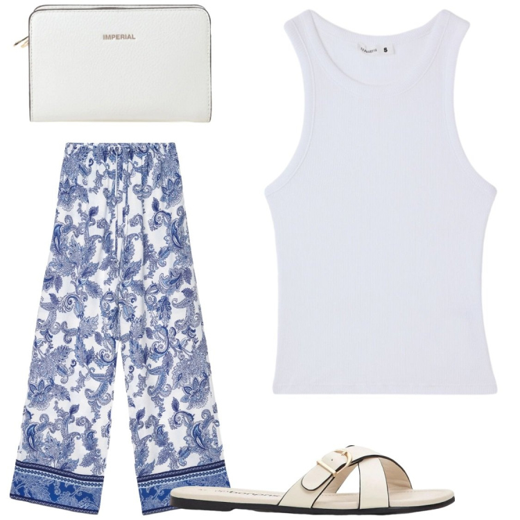 Outfit donna - BASIC ma con stampe. Stile Basic per Tutti i giorni. Abbinamento con ciabatte, canottiere, pantaloni, borse a tracolla.