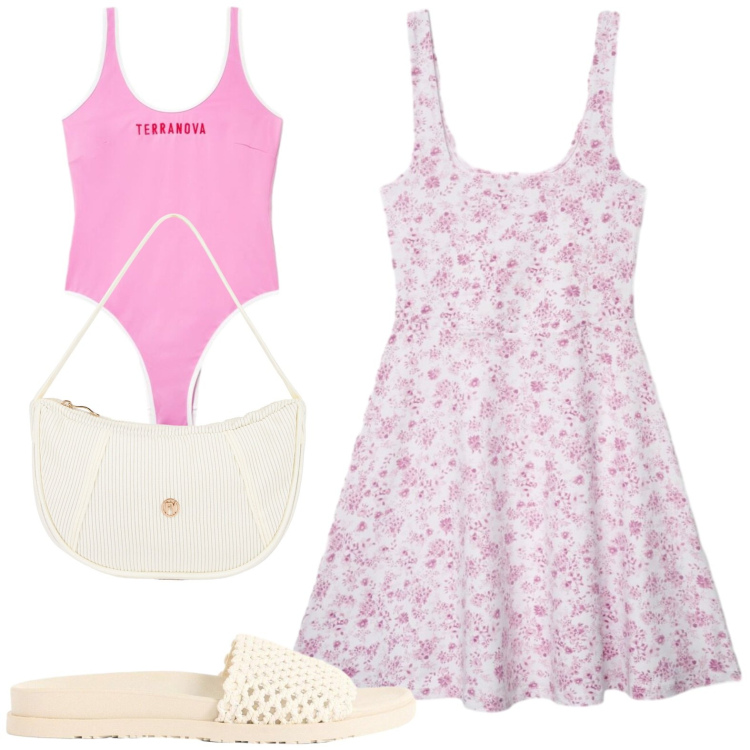 Outfit donna - Vacanza mare. Stile Casual per Mare. Abbinamento con ciabatte, vestiti corti, costumi interi, borse a mano.