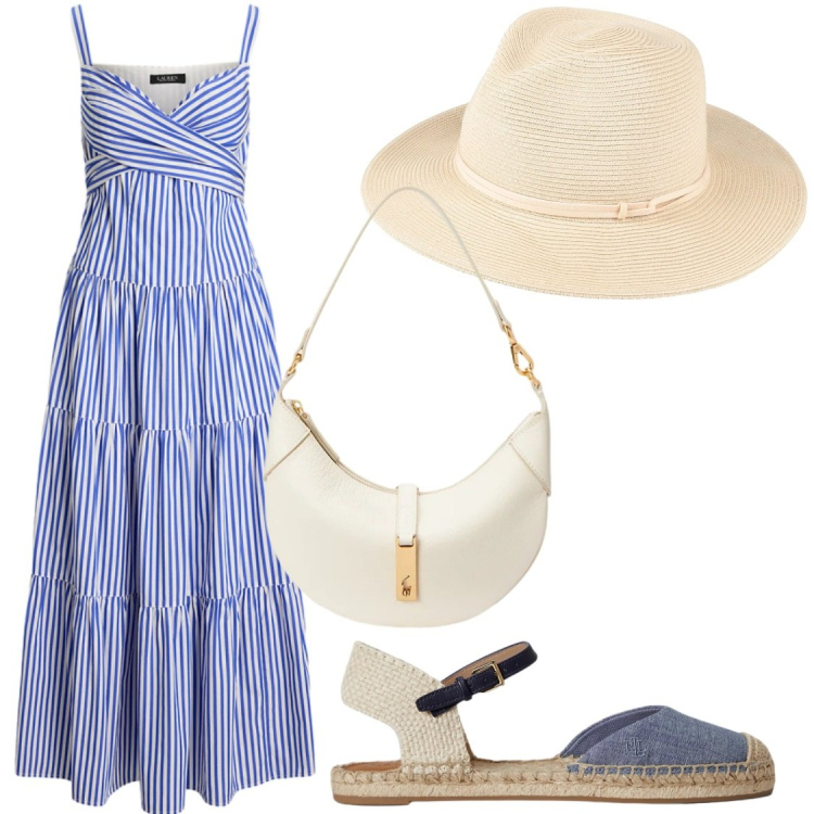 Outfit donna - Vacanze in crociera. Stile Chic per Tutti i giorni. Abbinamento con cappelli, vestiti midi/longuette, borse a spalla, espadrillas.