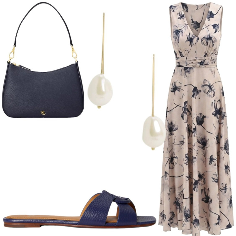 Outfit donna - Eventi estivi. Stile Chic per Serata fuori. Abbinamento con sandali in pelle, borse a spalla, orecchini, vestiti lunghi.
