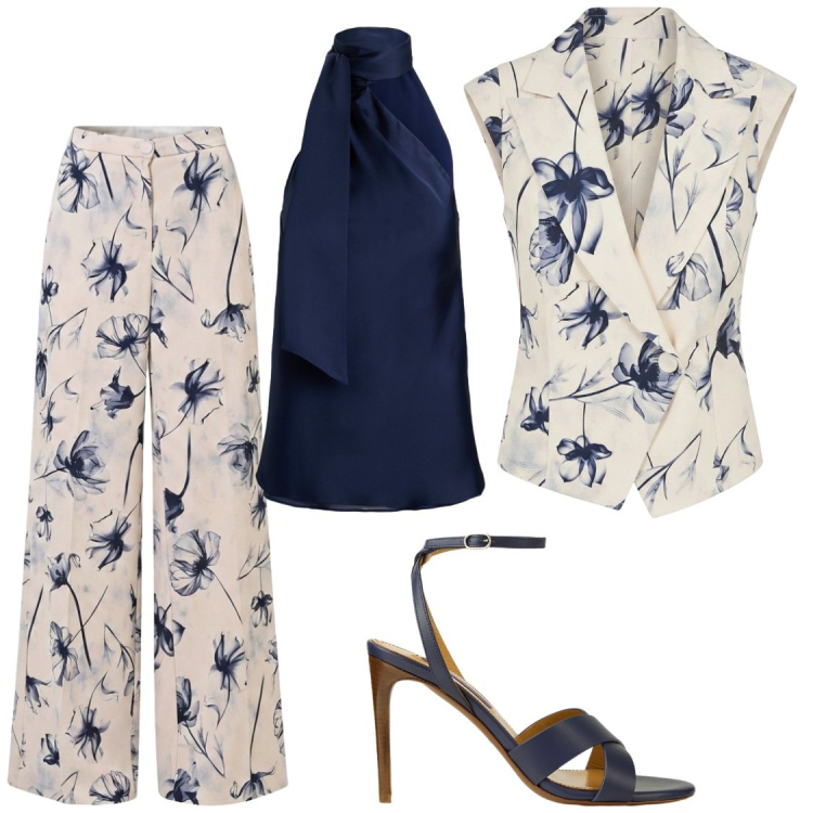Outfit donna - Eventi estivi. Stile Chic per Serata fuori. Abbinamento con gilet, pantaloni a palazzo, sandali col tacco, top.