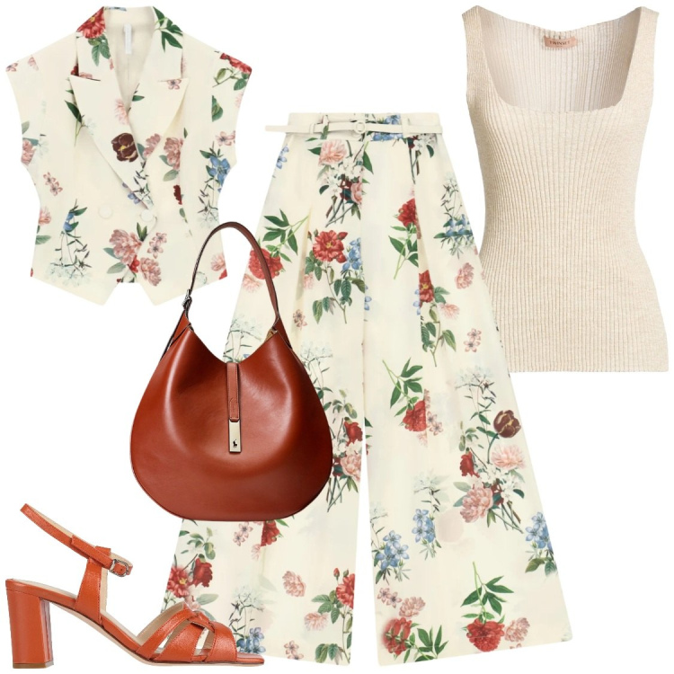 Outfit donna - Completi serate o eventi. Stile Chic per Serata fuori. Abbinamento con sandali in pelle, top, borse a spalla, gilet, pantaloni a palazzo.