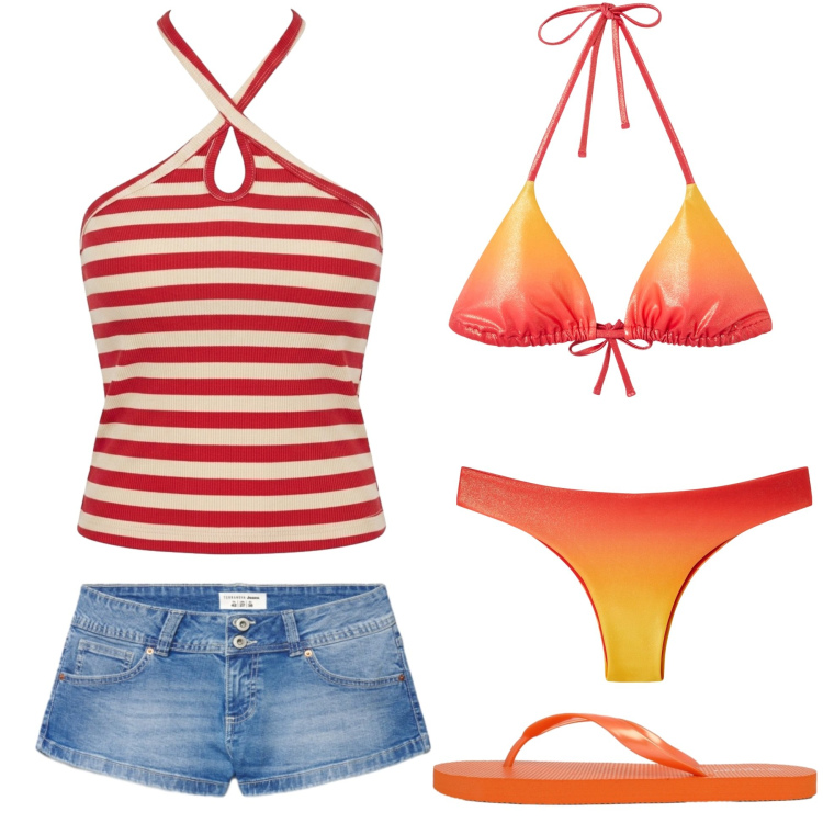 Outfit donna - Hot Summer. Stile Casual per Mare. Abbinamento con bikini, shorts, infradito, bikini, top.