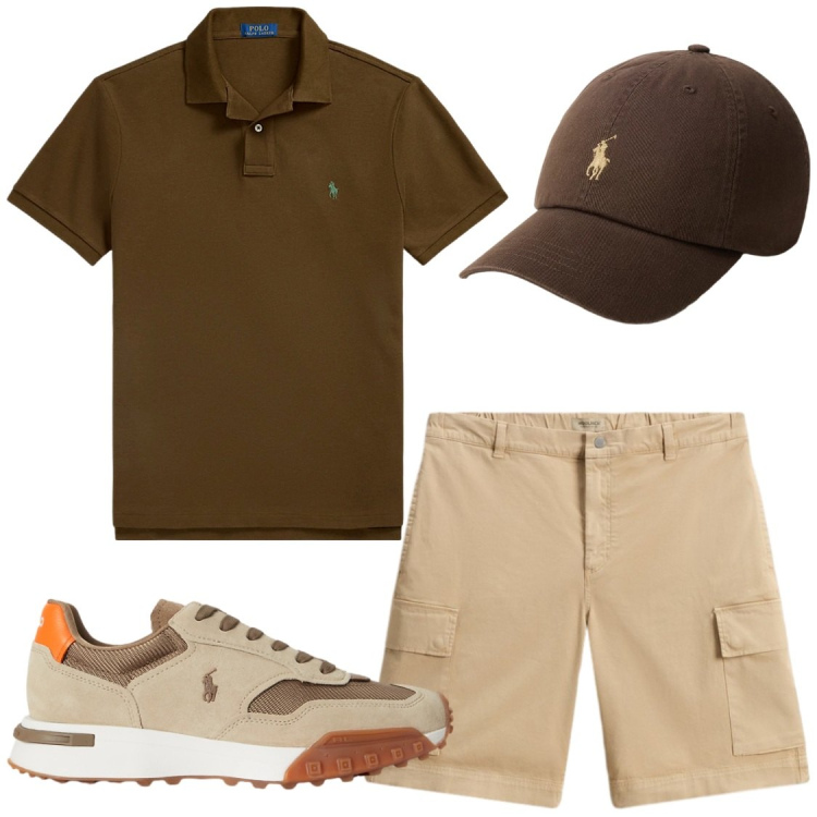 Outfit uomo - Luglio in città. Stile Trendy per Tutti i giorni. Abbinamento con pantaloni corti, polo, cappelli con visiera, sneakers.
