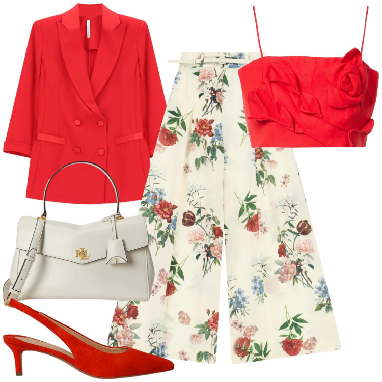 Outfit donna - Aperitivo. Stile Chic per Serata fuori. Abbinamento con top, pantaloni a palazzo, blazer, borse a mano, décolleté.
