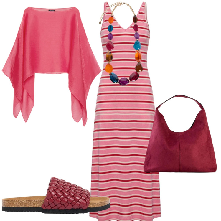 Outfit donna - Righe. Stile Casual per Tutti i giorni. Abbinamento con ciabatte, borse a spalla, vestiti lunghi, blazer, collane.