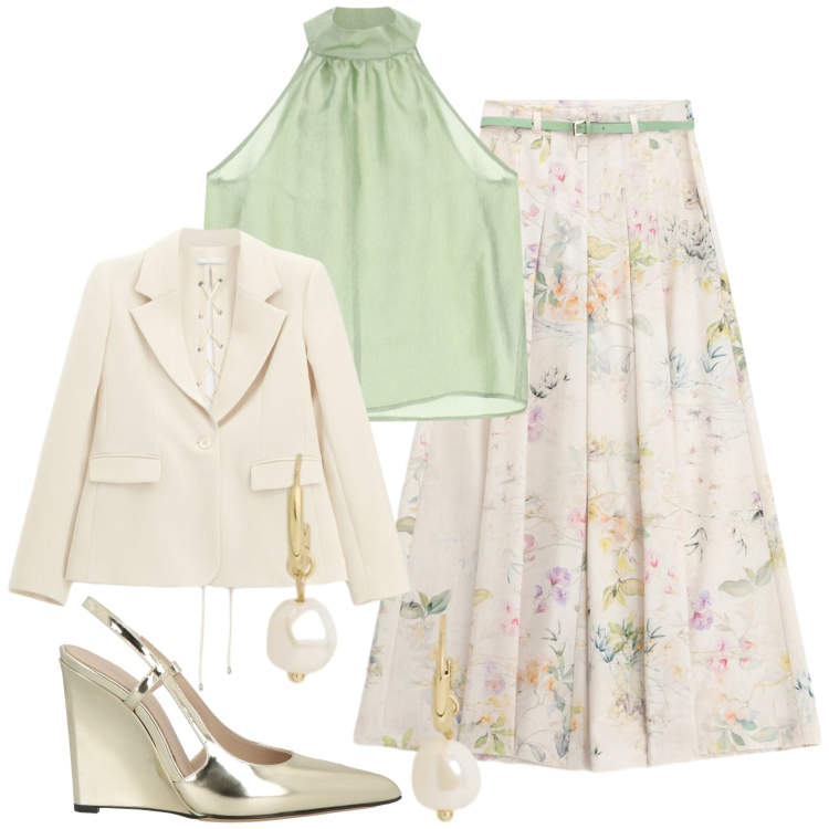 Outfit donna - Aperitivo. Stile Chic per Serata fuori. Abbinamento con décolleté, blazer, pantaloni a palazzo, top, orecchini.