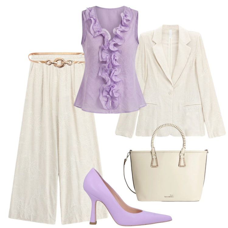 Outfit donna - Ricami di lino e ruches. Stile Chic per Cerimonia. Abbinamento con décolleté, camicie a manica corta, cinture, pantaloni a palazzo, blazer, shopping bag.