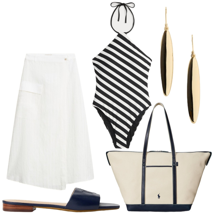Outfit donna - Total look #2435794. Stile Glamour per Mare. Abbinamento con costumi interi, borse tote, ciabatte, orecchini, gonne.