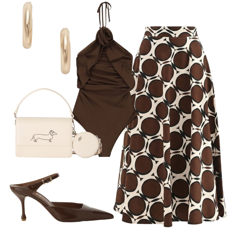 Outfit donna - Un elegante marrone. Stile Glamour per Serata fuori. Abbinamento con borse a tracolla, costumi interi, gonne lunghe, décolleté, orecchini.