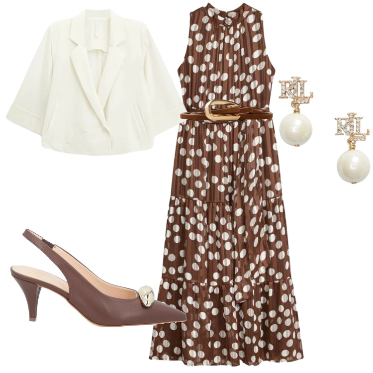Outfit donna - Pois. Stile Chic per Serata fuori. Abbinamento con décolleté, vestiti, cinture, blazer, orecchini.
