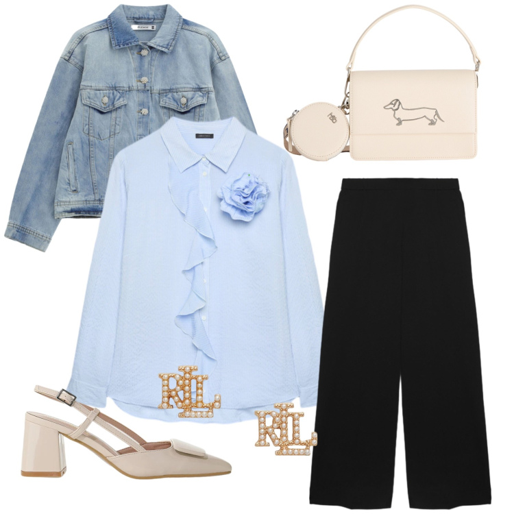 Outfit donna - Total look #2435799. Stile Casual chic per Tutti i giorni. Abbinamento con borse a tracolla, décolleté, blazer, camicie, pantaloni, orecchini.