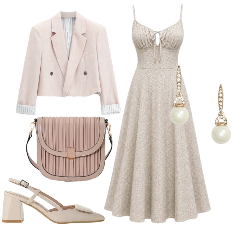 Outfit donna - Aperitivo. Stile Chic per Serata fuori. Abbinamento con vestiti lunghi, décolleté, blazer, borse a tracolla, orecchini.