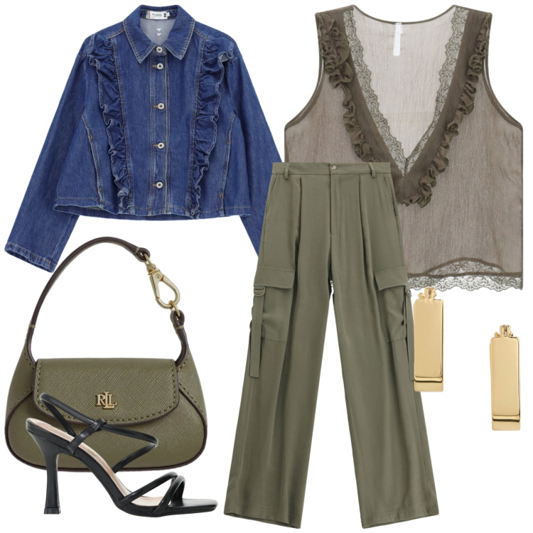 Outfit donna - Total look #2435801. Stile Casual chic per Tutti i giorni. Abbinamento con sandali col tacco, top, blazer, pantaloni cargo, borse a mano, orecchini.