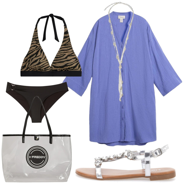 Outfit donna - Total look #2435802. Stile Glamour per Mare. Abbinamento con vestiti chemisier, bikini, bikini, shopping bag, collane, sandali gioiello.