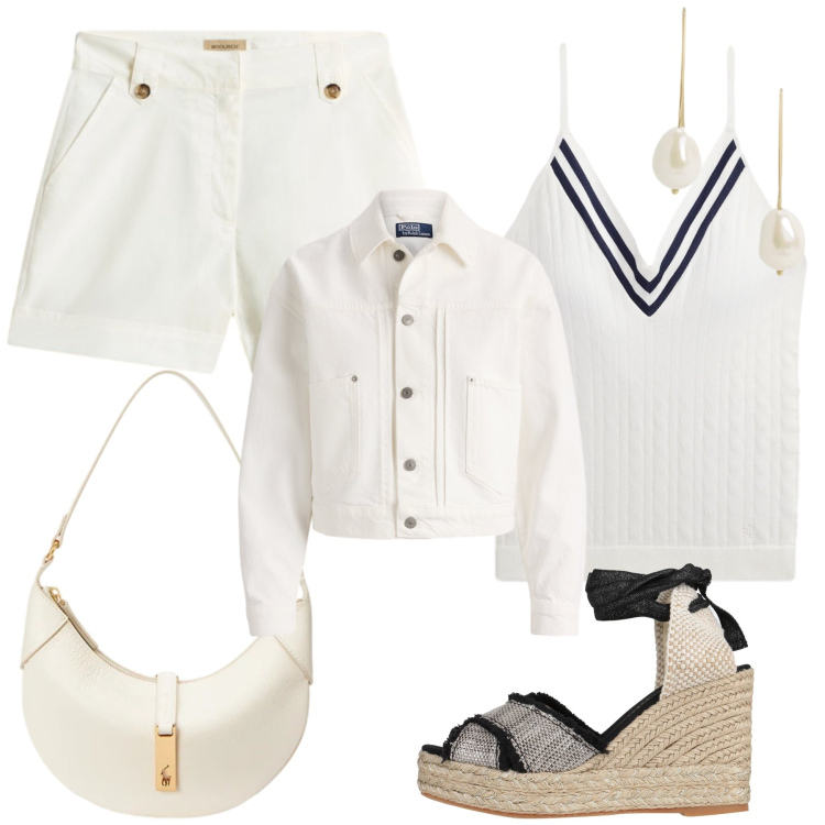 Outfit donna - Total look #2435803. Stile Glamour per Tutti i giorni. Abbinamento con espadrillas, borse a spalla, orecchini, canottiere, blazer, pantaloni corti.