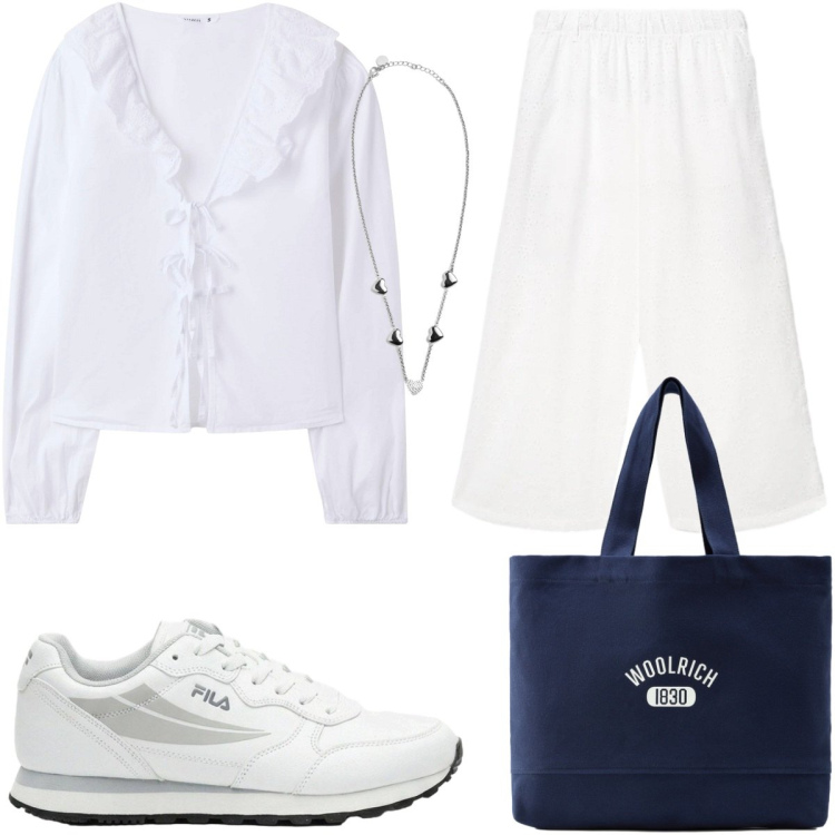 Outfit donna - Bianco d\'estate. Stile Romantica per Tutti i giorni. Abbinamento con sneakers, camicie, pantaloni, collane, borse tote.