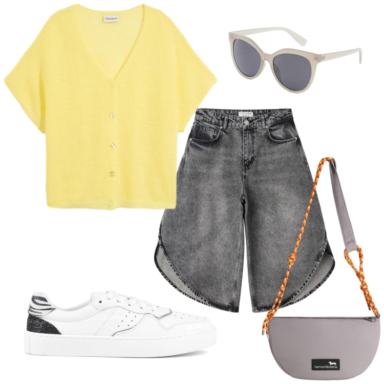 Outfit donna - Total look #2435809. Stile Urban per Tutti i giorni. Abbinamento con cardigans, occhiali da sole, borse a tracolla, pantaloni corti, sneakers.