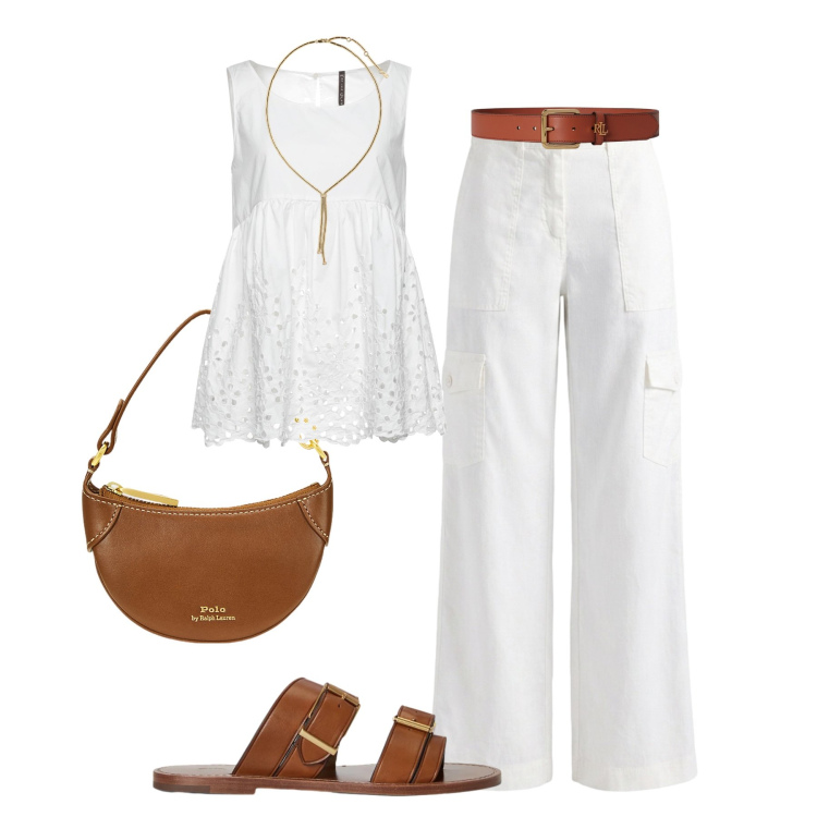 Outfit donna - Bianco e cuoio. Stile Sporty chic per Tutti i giorni. Abbinamento con top, pantaloni cargo, collane, borse a tracolla, sandali in pelle, cinture.