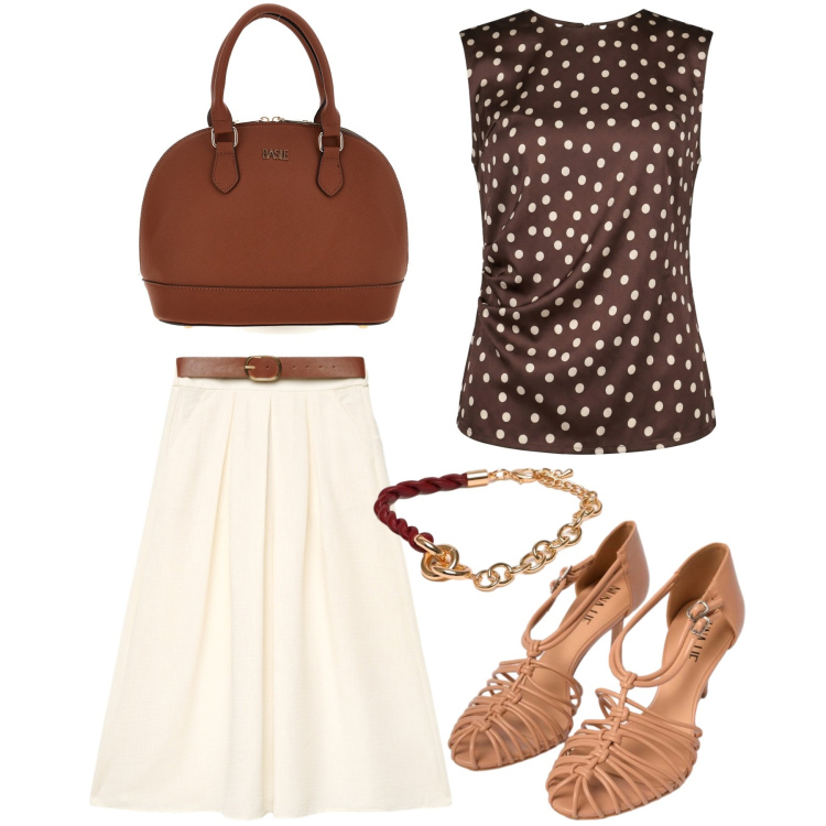 Outfit donna - Top in raso a pois. Stile Bon Ton per Tutti i giorni. Abbinamento con gonne lunghe, top, sandali in pelle, braccialetti, borse a mano.