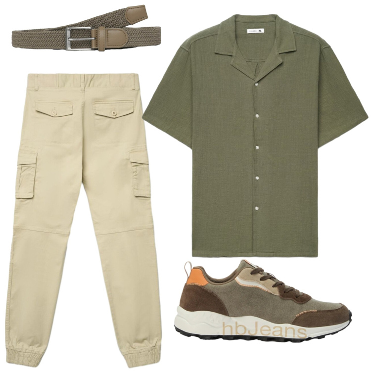 Outfit uomo - Safari di città. Stile Urban per Tutti i giorni. Abbinamento con sneakers, cinture, camicie a manica corta, pantaloni cargo.