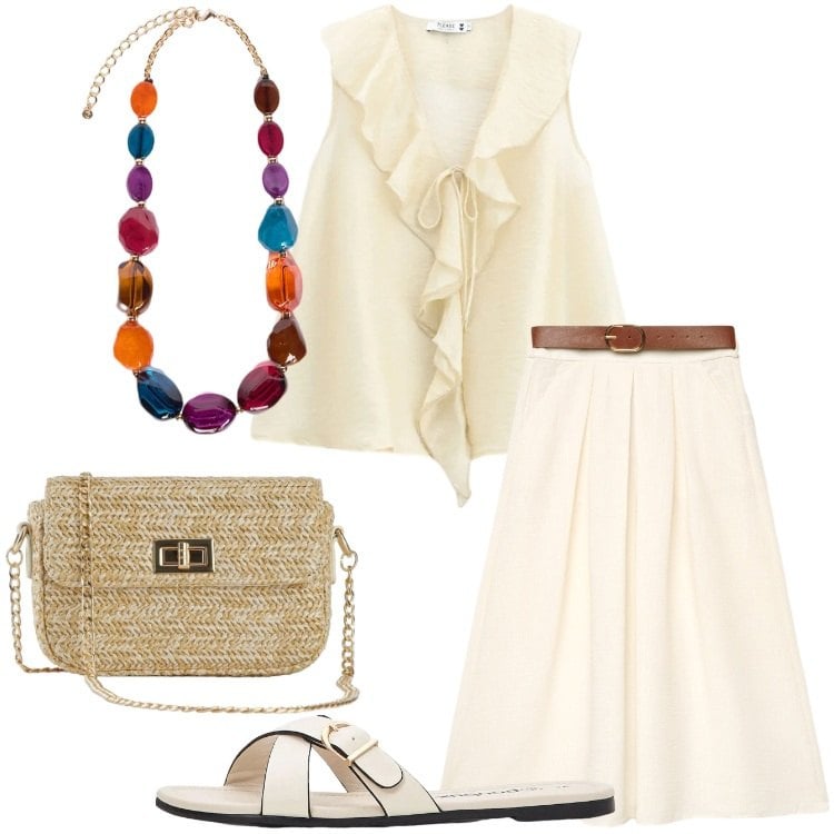 Outfit donna - Drappeggi e Ruches - @tiffany22. Stile Romantica per Serata fuori. Abbinamento con ciabatte, borse a tracolla, gonne lunghe, collane, top.