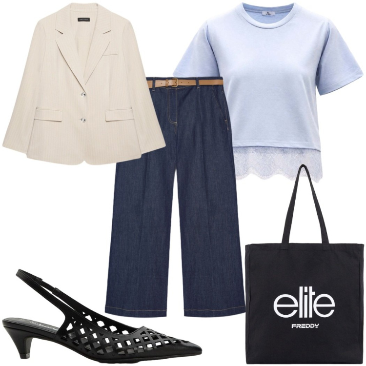 Outfit donna - Total look #2435853. Stile Casual chic per Tutti i giorni. Abbinamento con décolleté, t-shirt, shopping bag, blazer, jeans.