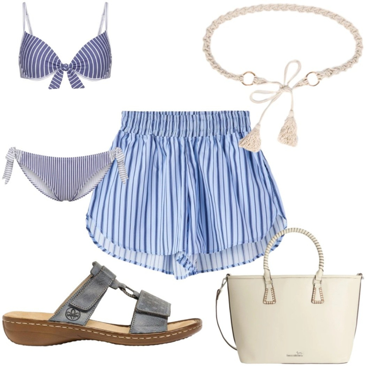 Outfit donna - Total look #2435855. Stile Trendy per Mare. Abbinamento con ciabatte, shorts, bikini, shopping bag, cinture.