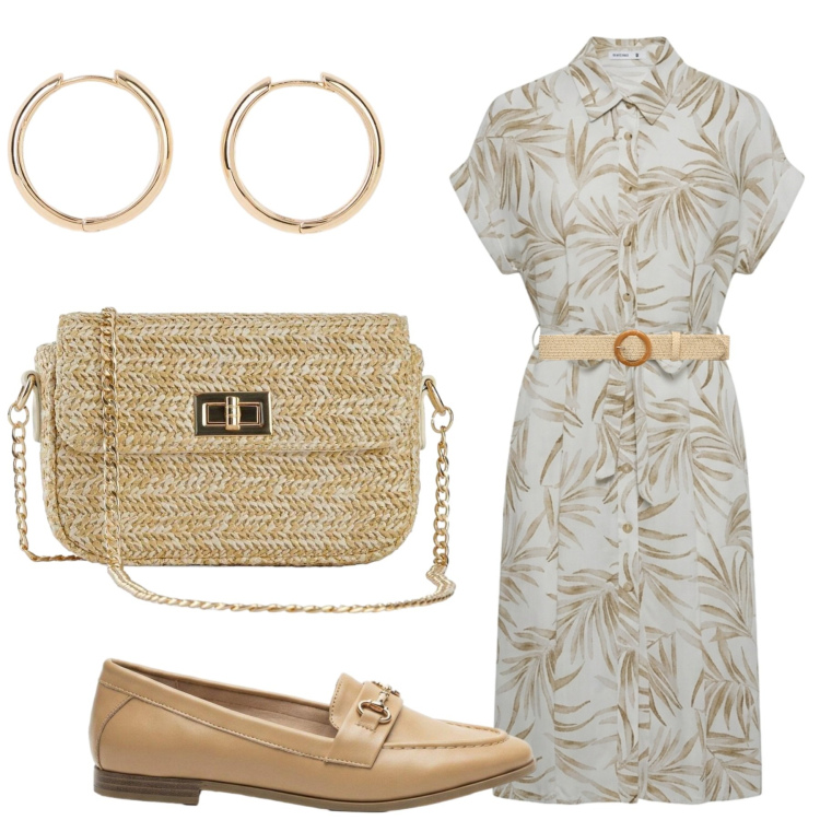 Outfit donna - ​"Soffio Botanico". Stile Chic per Tutti i giorni. Abbinamento con braccialetti con ciondoli, borse a tracolla, mocassini, orecchini, vestiti chemisier, cinture.