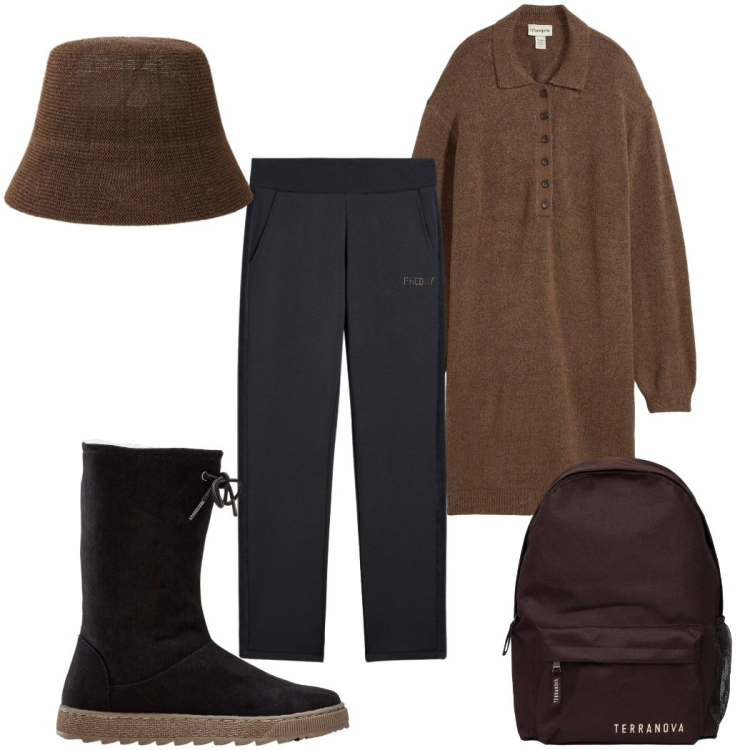 Outfit donna - Total look #2435859. Stile Basic per Scuola/Università. Abbinamento con stivali, vestiti corti, zaini, cappelli, pantaloni.