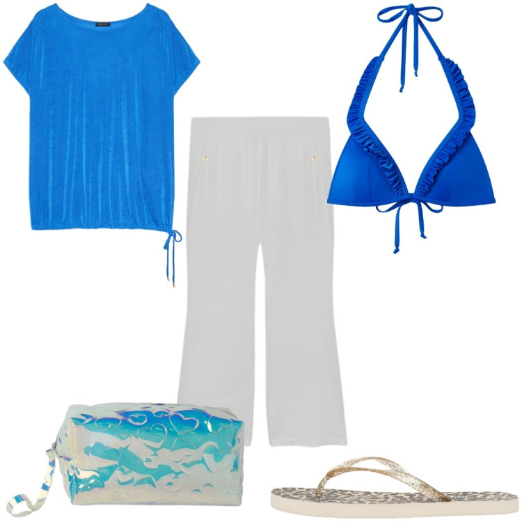 Outfit donna - Total look #2435861. Stile Trendy per Mare. Abbinamento con infradito, pochette, bikini, pantaloni, t-shirt.
