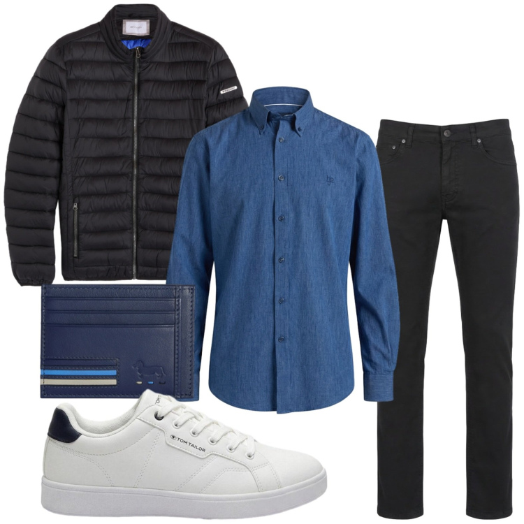 Outfit uomo - Total blue. Stile Casual per Ufficio. Abbinamento con sneakers, camicie, portafogli, pantaloni, piumini.