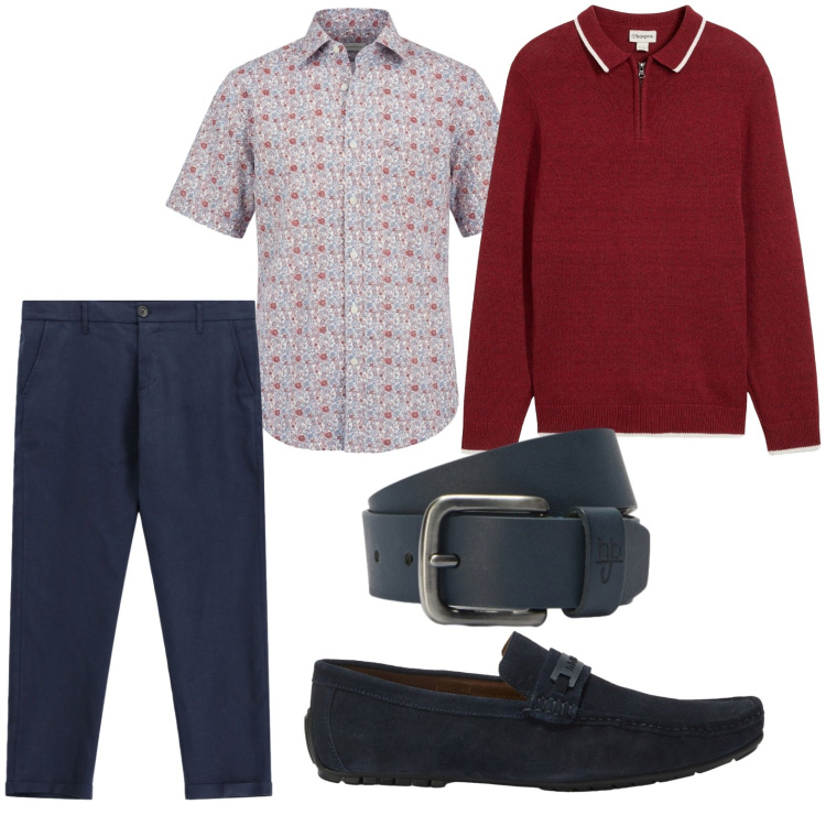 Outfit uomo - Attenzione al dettaglio. Stile Trendy per Ufficio. Abbinamento con maglieria, scarpe stringate, camicie a manica corta, cinture, pantaloni.