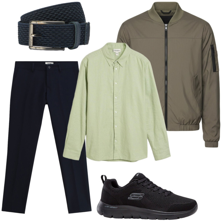 Outfit uomo - Tempo libero. Stile Casual per Tutti i giorni. Abbinamento con sneakers, camicie, cinture, bomber, pantaloni.