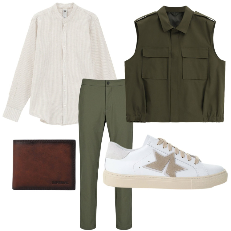 Outfit uomo - Abbinamento classico. Stile Casual per Ufficio. Abbinamento con pantaloni, gilet, portafogli, sneakers, camicie.