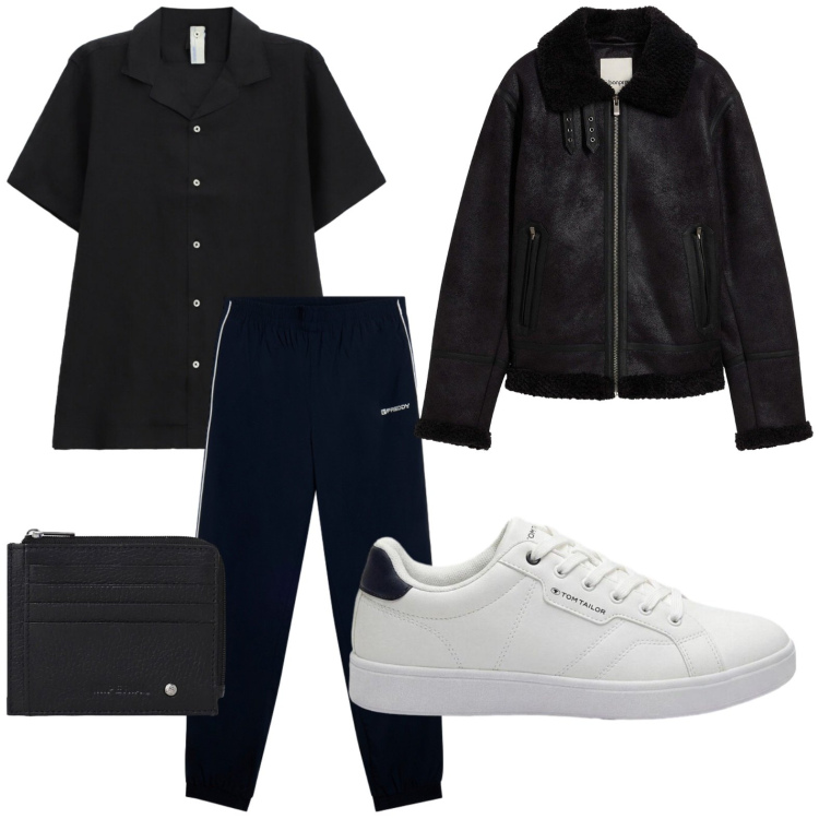 Outfit uomo - Carattere moderno. Stile Casual per Tutti i giorni. Abbinamento con giacche, sneakers, pantaloni sportivi, portafogli, camicie a manica corta.