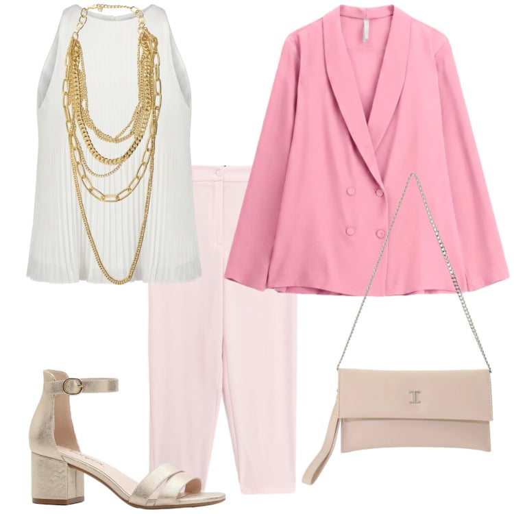 Outfit donna - Battesimo di Maddy. Stile Chic per Cerimonia. Abbinamento con sandali col tacco, pantaloni, canottiere, borse a tracolla, collane, blazer.