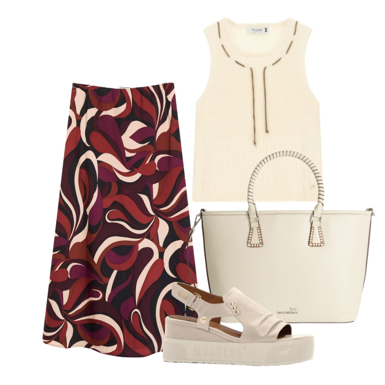 Outfit donna - Luglio. Stile Trendy per Tutti i giorni. Abbinamento con gonne longuette, sandali, top, shopping bag.