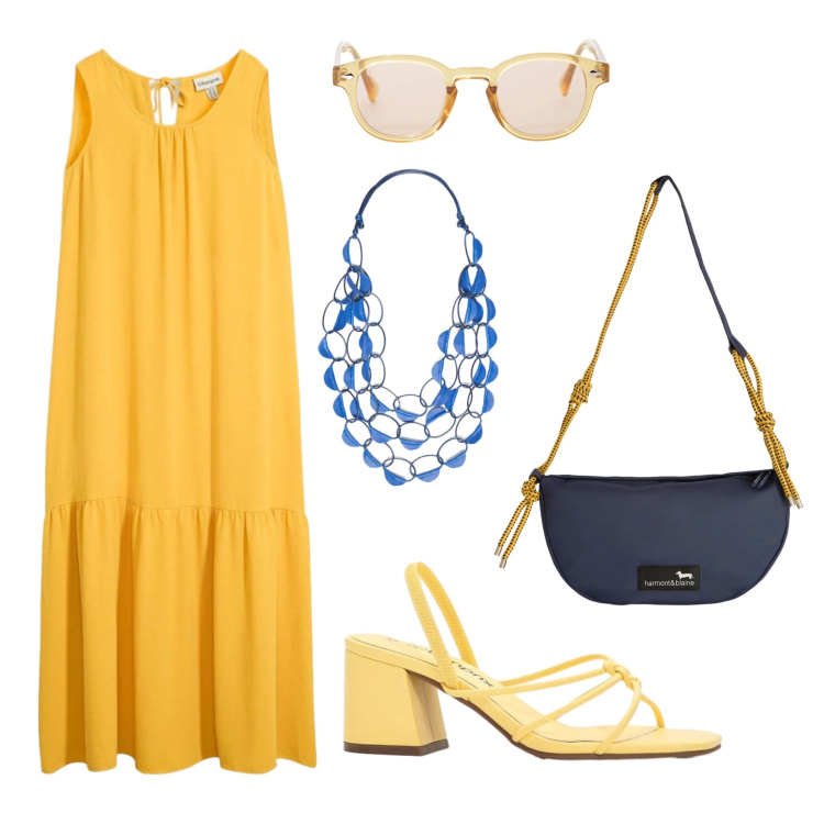 Outfit donna - Sole & mare. Stile Casual per Tutti i giorni. Abbinamento con vestiti lunghi, sandali col tacco, borse a tracolla, collane, occhiali da sole.