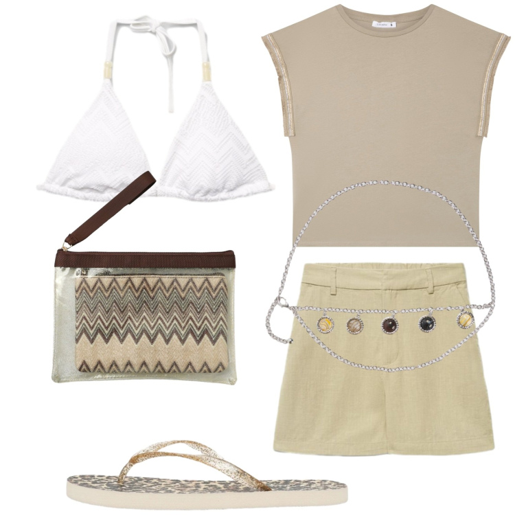 Outfit donna - Saldissimi. Stile Casual per Mare. Abbinamento con t-shirt, shorts, cinture, pochette, infradito, bikini.