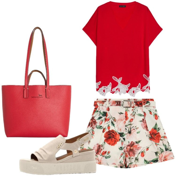 Outfit donna - Stampe che illuminano Donna Curvy. Stile Romantica per Tutti i giorni. Abbinamento con sandali, shorts, shopping bag, t-shirt.